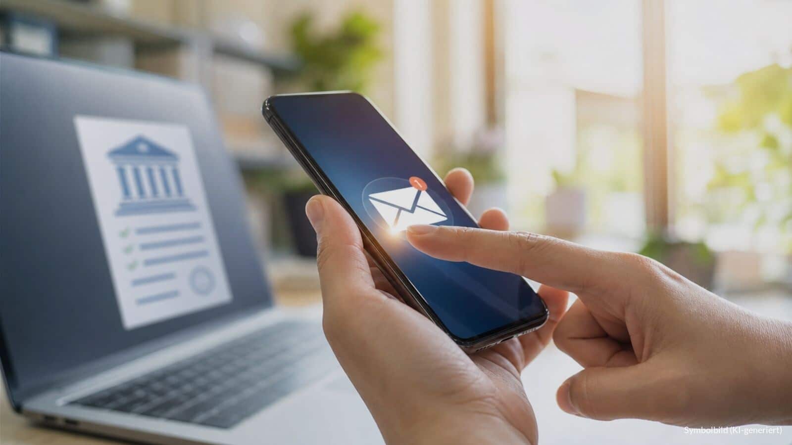 Hand tippt auf Smartphone-Benachrichtigung mit Briefsymbol, im Hintergrund unscharf ein Laptop mit digitalem Dokument, Symbolbild für den digitalen Steuerbescheid ab 2027