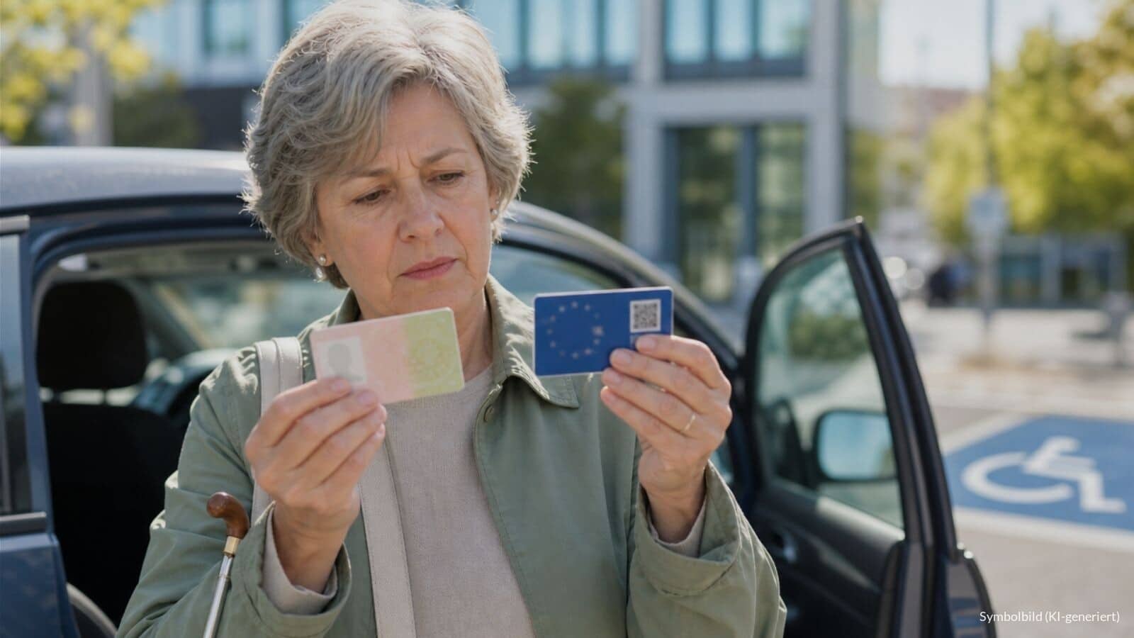 Frau mit Gehstock vergleicht auf einem Parkplatz ihren Schwerbehindertenausweis mit einer neuen europäischen Ausweiskarte.