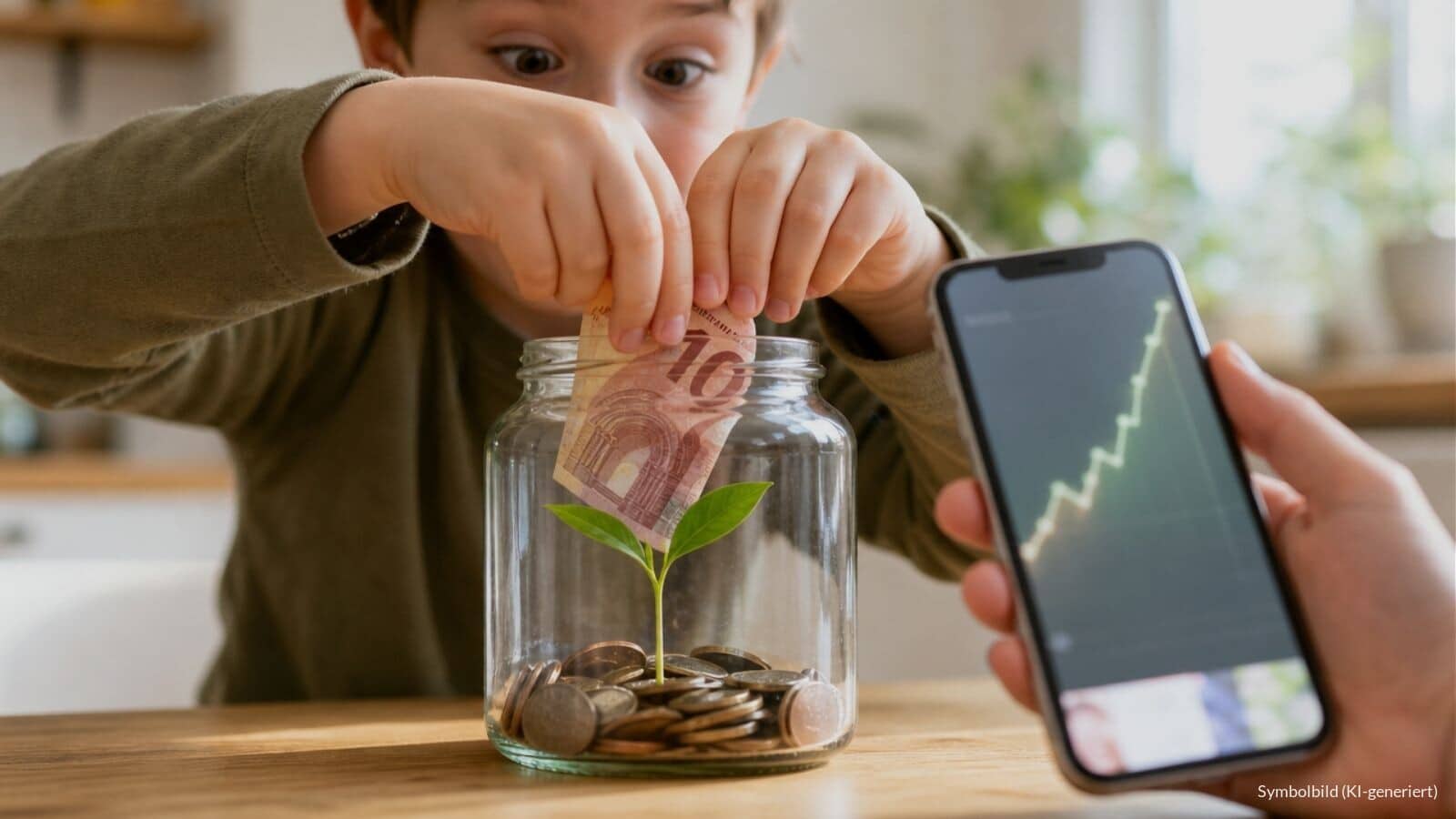 Kinderhände stecken einen 10-Euro-Schein in ein Glas mit Münzen und einem wachsenden Setzling, daneben zeigt ein Smartphone eine steigende Kurve als Symbol für die Frühstartrente.