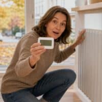 Person kniet lächelnd-überrascht vor einem weißen Heizkörper im hellen Wohnzimmer und hält ein digitales Thermometer in der Hand, im Hintergrund ein Fenster mit herbstlicher Straße im Bokeh-Unschärfe