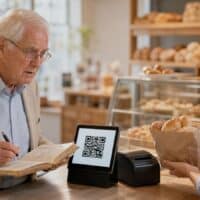 Älterer Mann mit Haushaltsbuch blickt an einer Bäckertheke auf einen QR-Code statt eines gedruckten Kassenbons.