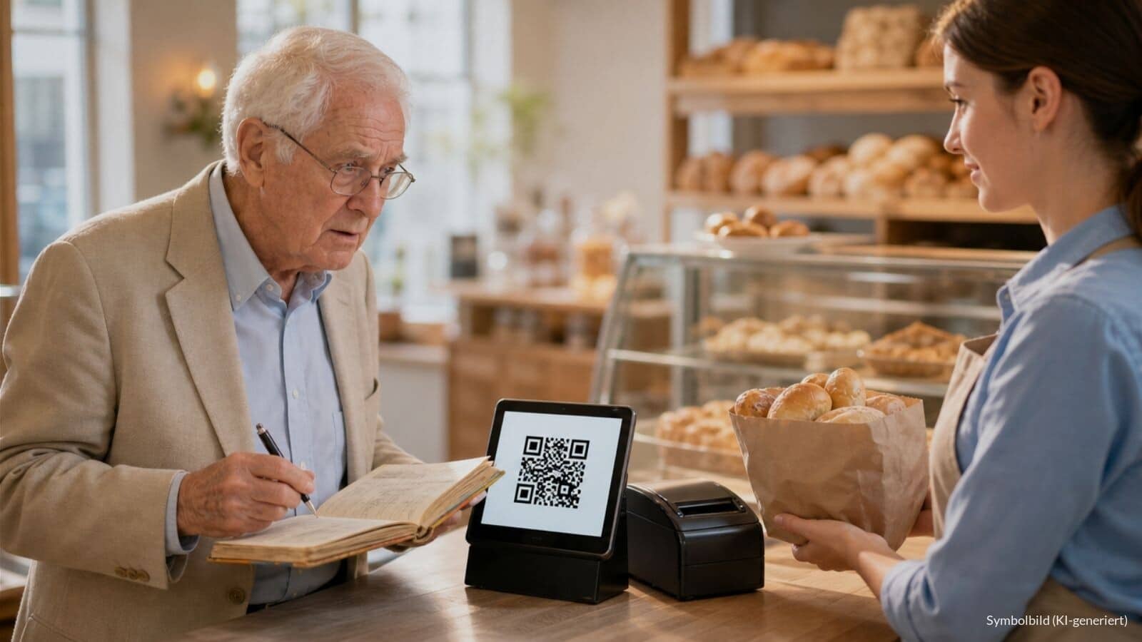 Älterer Mann mit Haushaltsbuch blickt an einer Bäckertheke auf einen QR-Code statt eines gedruckten Kassenbons.
