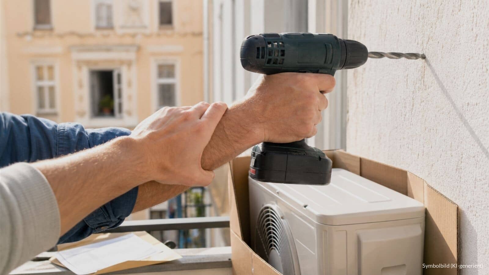 Hand setzt eine Bohrmaschine an die Außenwand eines Mietshauses, daneben ein neues Klima-Außengerät, eine zweite Hand stoppt den Einbau