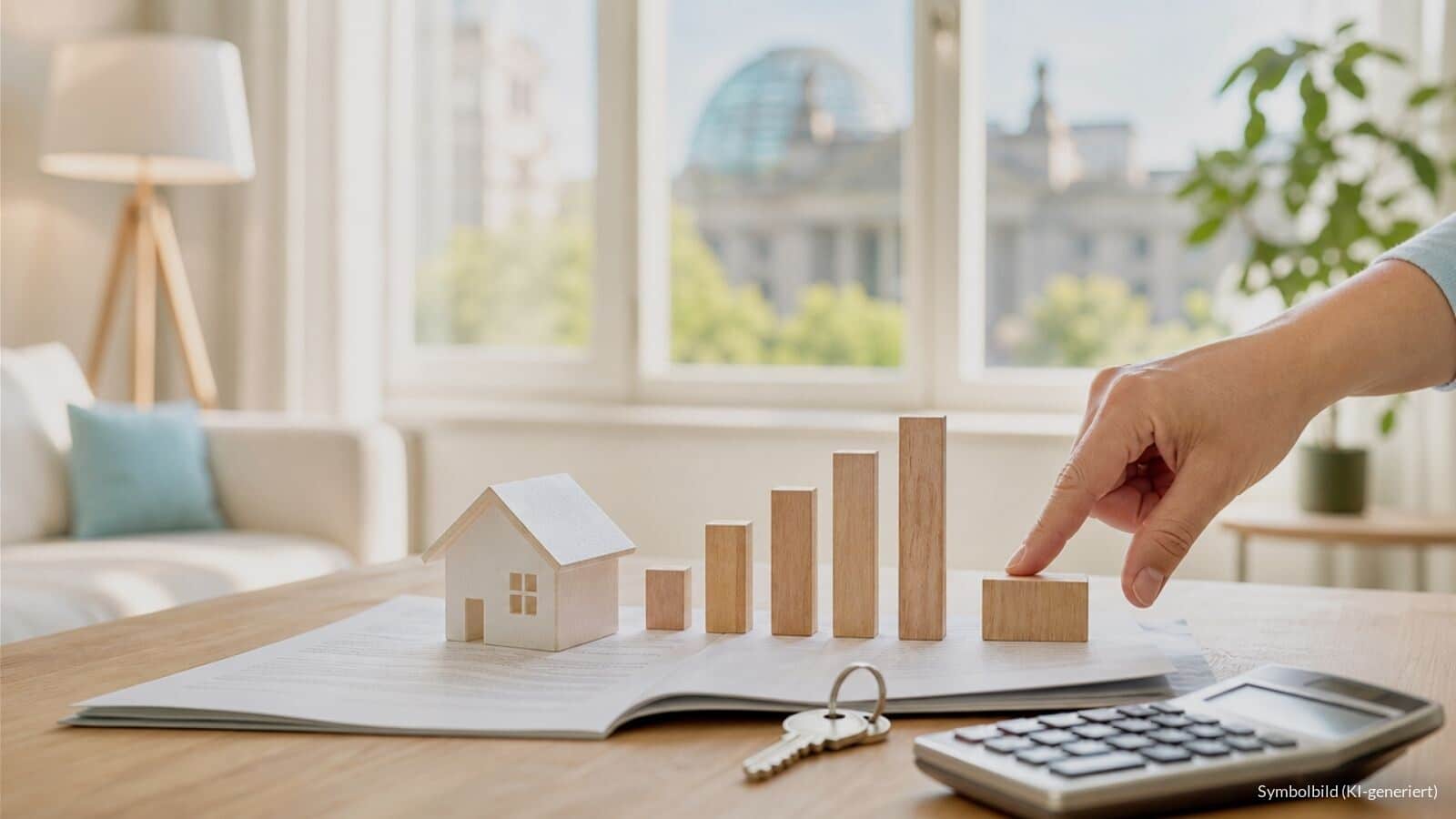 Hand bremst steigendes Diagramm neben Miniaturhaus auf Mietvertrag, Symbolbild zur Mietrechtsreform 2026 und Indexmiete