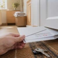 Hand zieht einen Brief mit eingekreister Zahl unter einer Wohnungstür hervor, daneben liegt ein Schlüsselbund, symbolisch für steigende Wohnkosten und Mieterrechte.