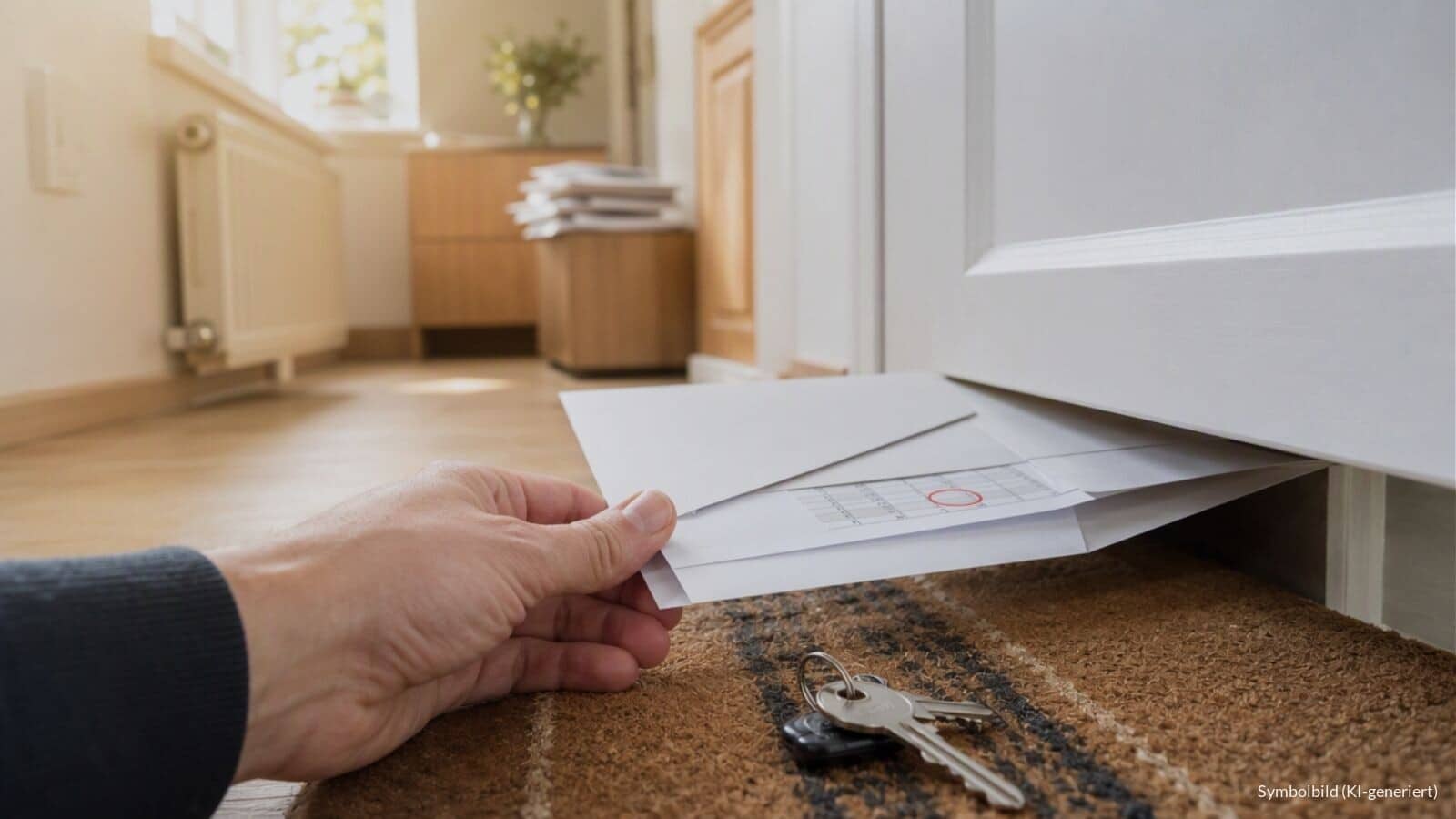 Hand zieht einen Brief mit eingekreister Zahl unter einer Wohnungstür hervor, daneben liegt ein Schlüsselbund, symbolisch für steigende Wohnkosten und Mieterrechte.