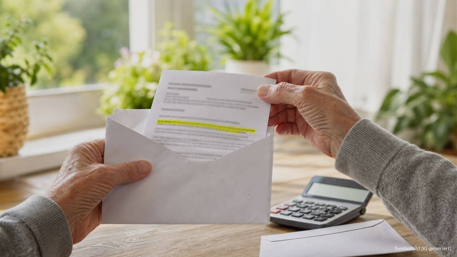 Ältere Hände ziehen einen amtlichen Brief mit gelb markiertem Betrag aus einem Umschlag, Symbolbild zur Mindestpension für Beamte 2026