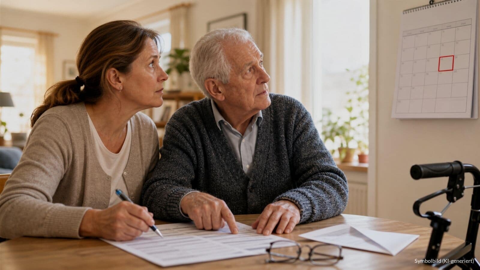 Tochter und älterer Vater füllen am Esstisch gemeinsam einen Antrag aus, im Hintergrund ist auf einem Wandkalender ein Tag im Dezember rot markiert.