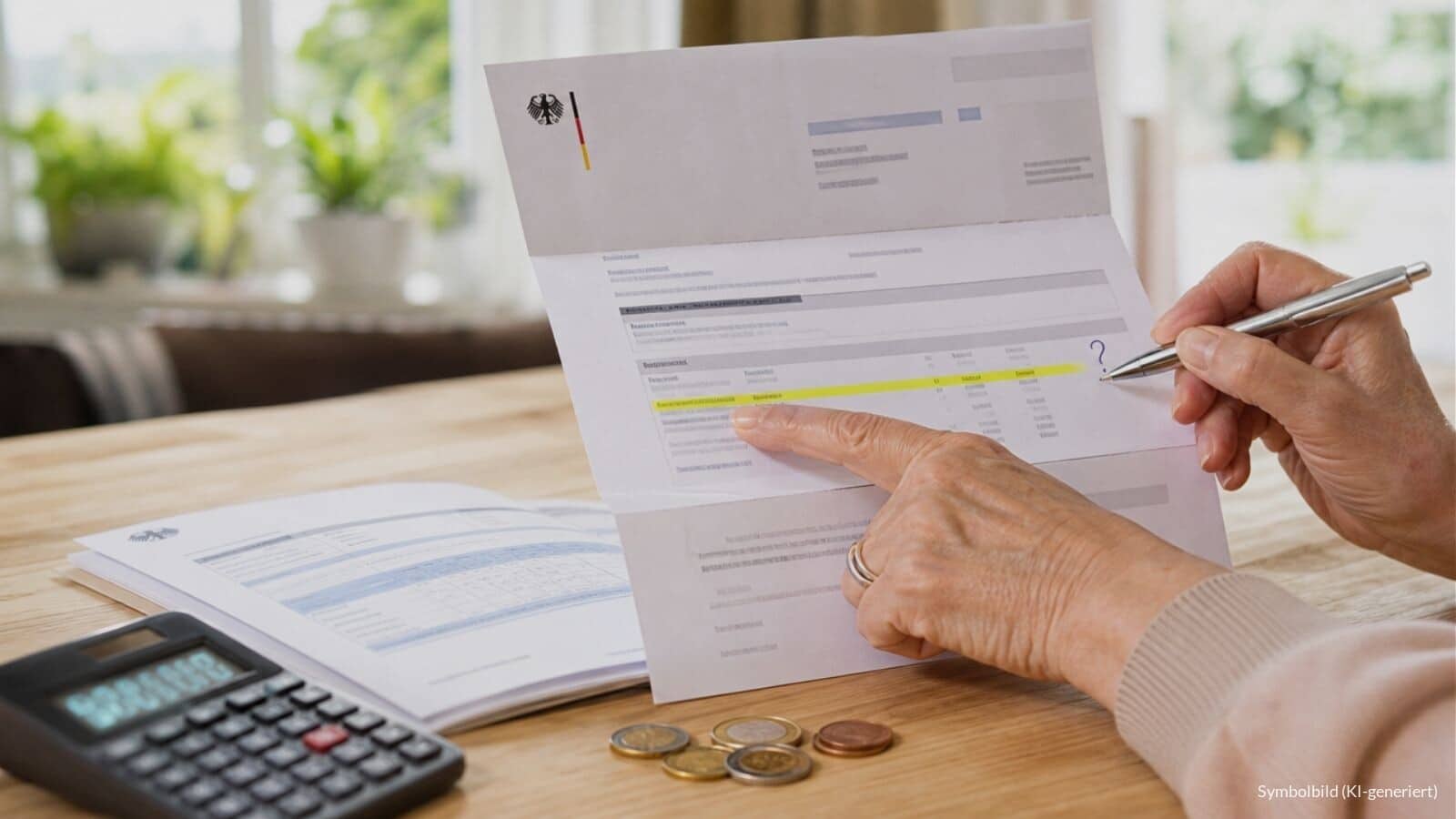 Ältere Frau markiert auf einem Behördenschreiben eine Zahlenzeile, daneben Rentenbescheid, Taschenrechner und Euro-Münzen