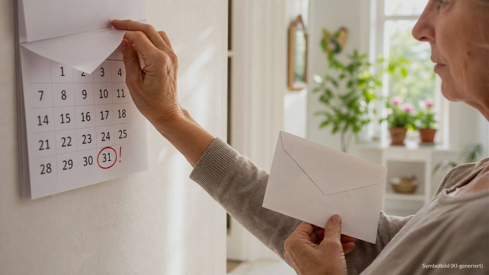 Ältere Frau reißt ein Kalenderblatt ab und blickt auf ein rot eingekreistes Datum, in der Hand einen ungeöffneten Brief – Symbolbild zur Frist beim Rentenantrag