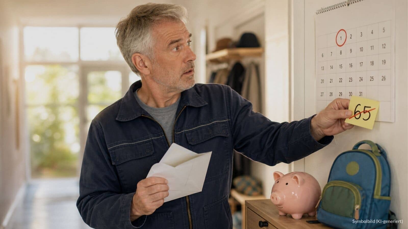 Mann im Hausflur zieht überrascht einen Zettel mit durchgestrichener 65 vom Kalender, Symbolbild für die Rentenreform 2026 und 2027