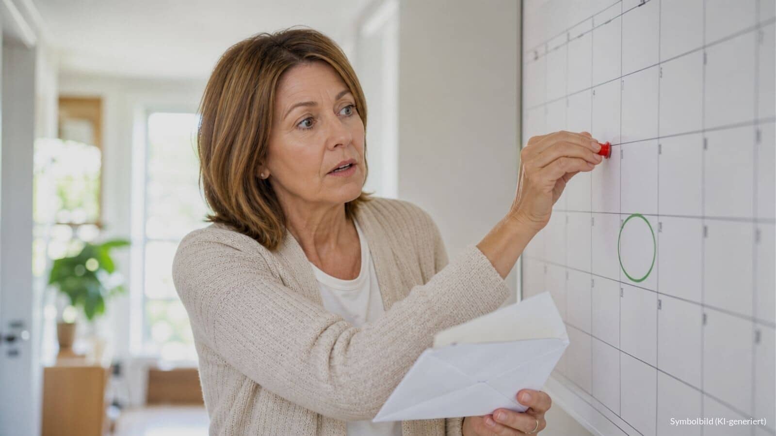 Frau verschiebt auf einem Wandkalender einen roten Pin nach hinten und hält einen geöffneten Brief in der Hand, Symbolbild für einen möglicherweise späteren Beginn der Schwerbehindertenrente ab Jahrgang 1970.