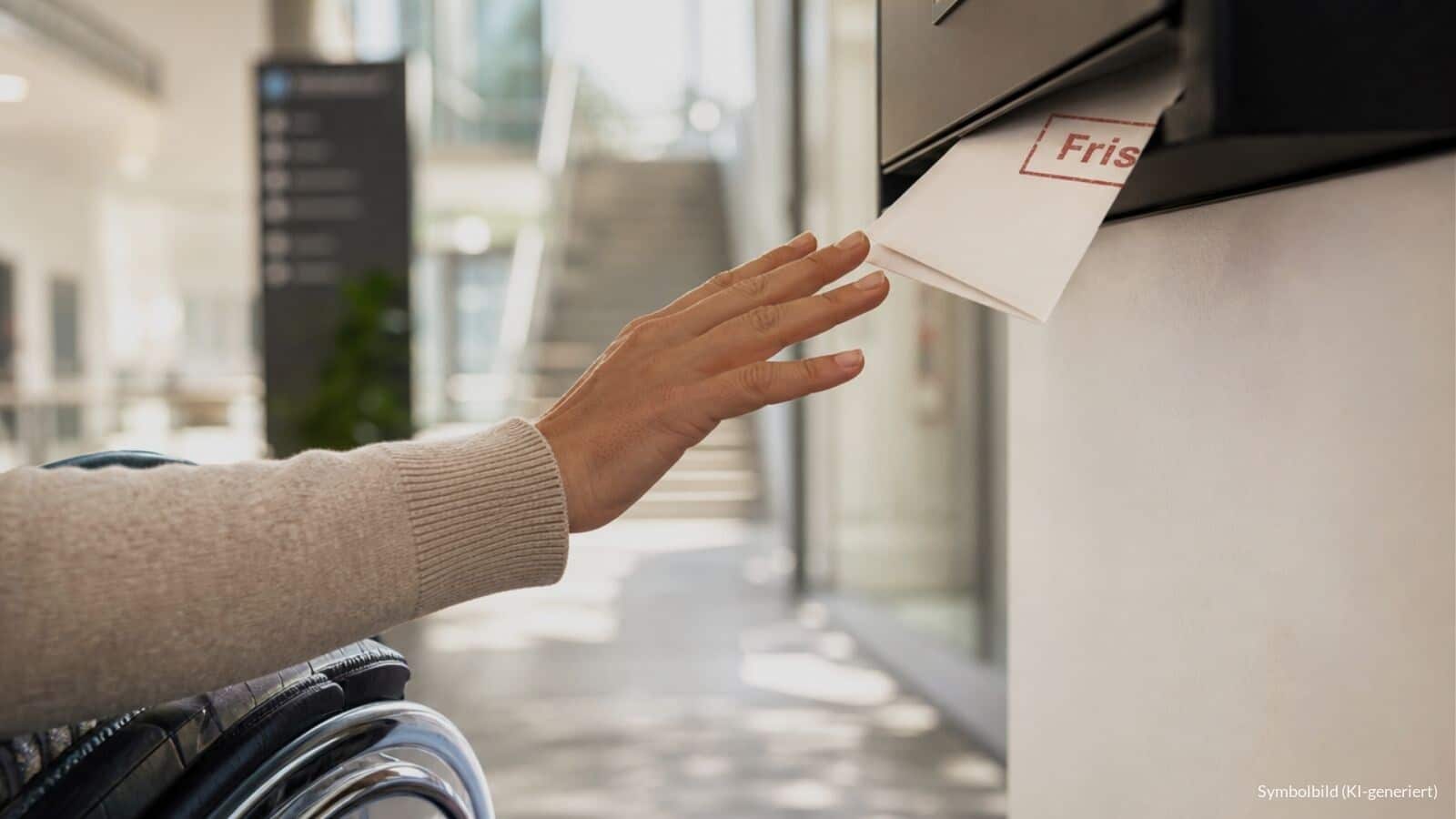Frau im Rollstuhl greift nach einem Behördenbrief mit Fristvermerk in einem zu hoch angebrachten Briefkasten, im Hintergrund ein heller Behördenflur mit Treppe.