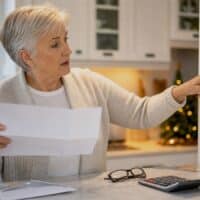 Frau hält einen geöffneten Bescheid in der Hand und zeigt auf einen Kalender mit markiertem Dezember-Datum. Symbolbild zum Behinderten-Pauschbetrag bei später Anerkennung einer Schwerbehinderung.