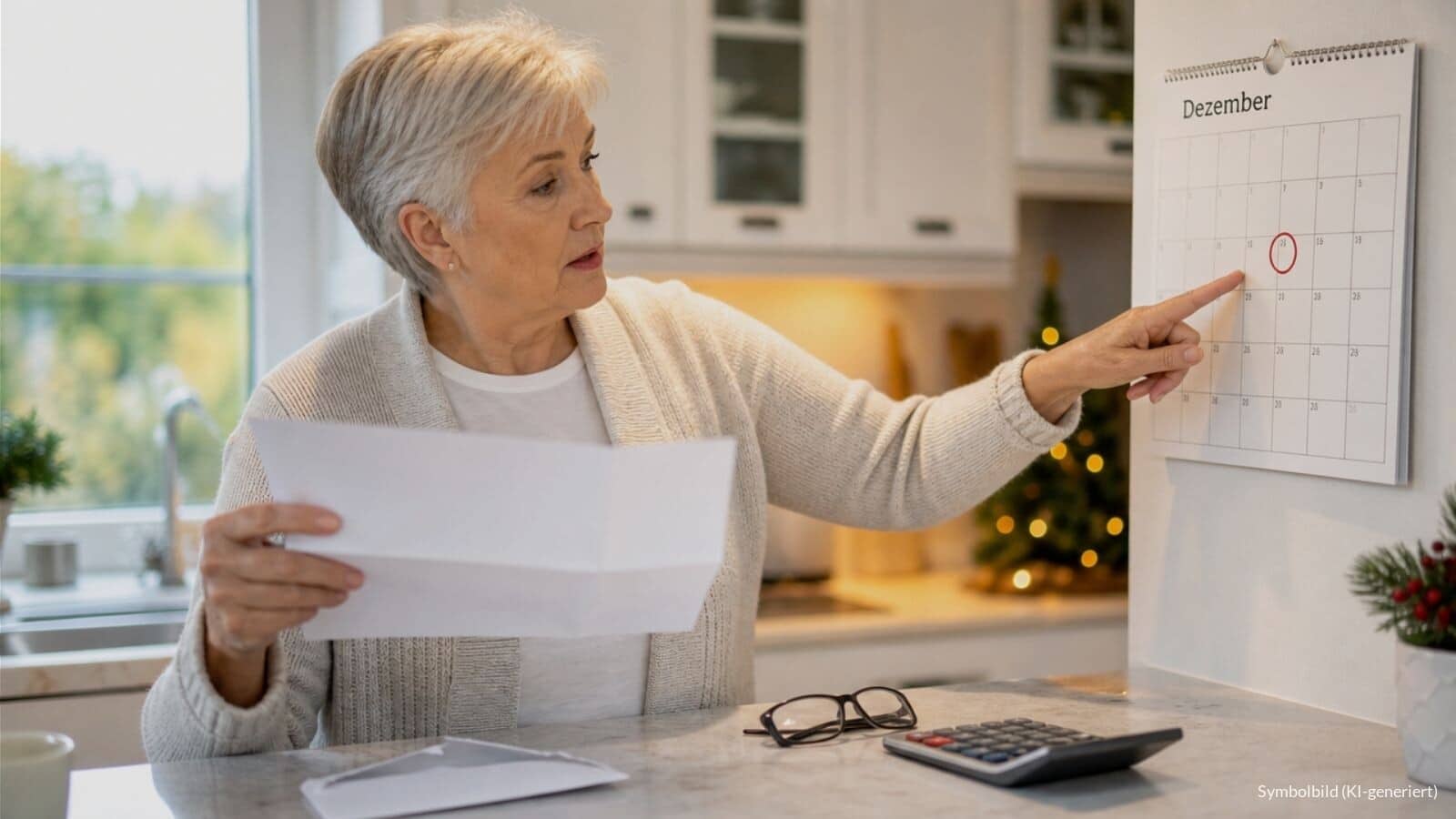 Frau hält einen geöffneten Bescheid in der Hand und zeigt auf einen Kalender mit markiertem Dezember-Datum. Symbolbild zum Behinderten-Pauschbetrag bei später Anerkennung einer Schwerbehinderung.