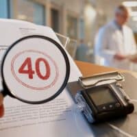 Amtlicher Bescheid mit Stempel „GdB 40“ neben einer Insulinpumpe, im Hintergrund unscharf zwei Ärzte – Symbolbild zum Gerichtsurteil über Schwerbehinderung bei Diabetes
