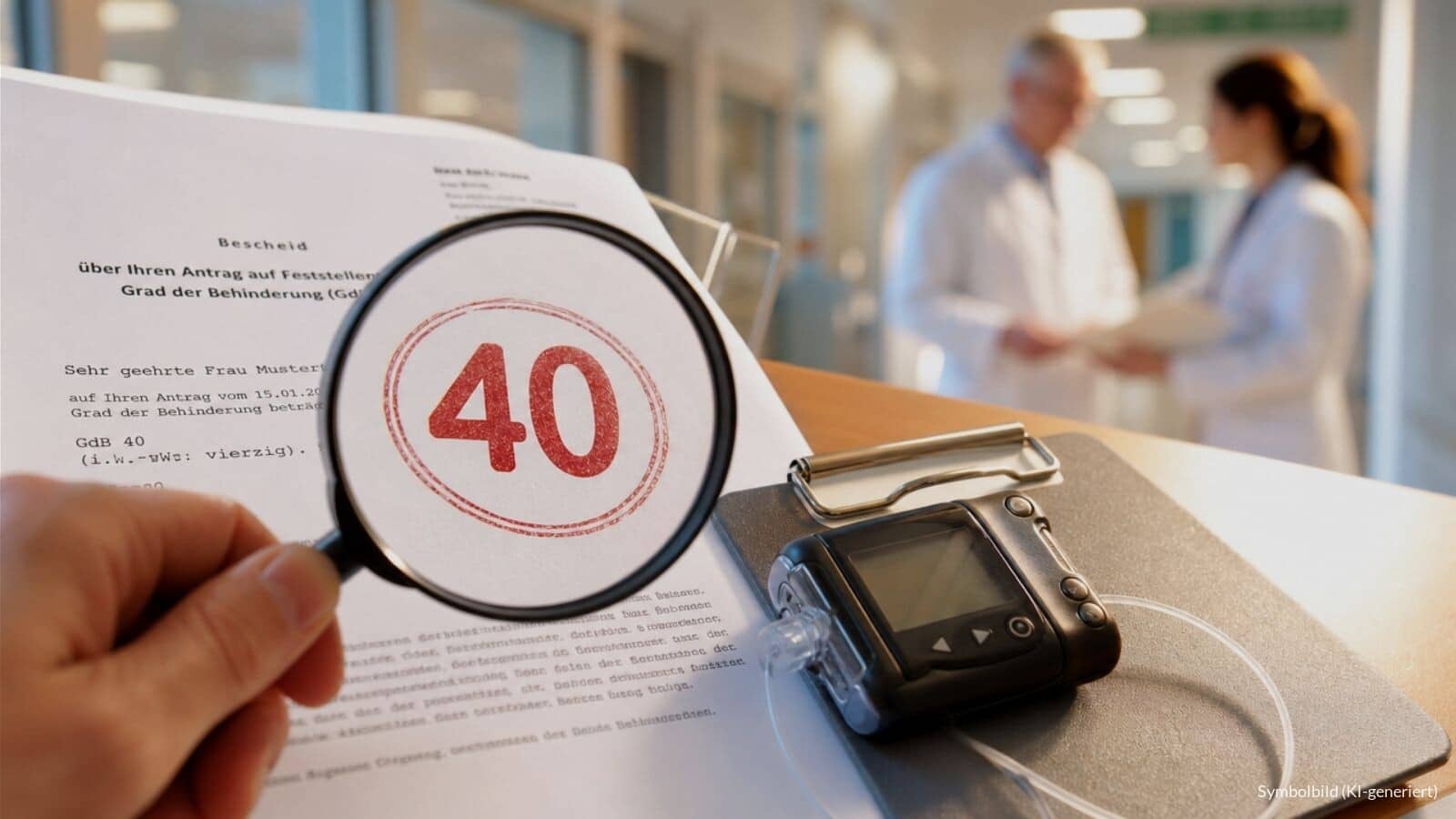 Amtlicher Bescheid mit Stempel „GdB 40“ neben einer Insulinpumpe, im Hintergrund unscharf zwei Ärzte – Symbolbild zum Gerichtsurteil über Schwerbehinderung bei Diabetes