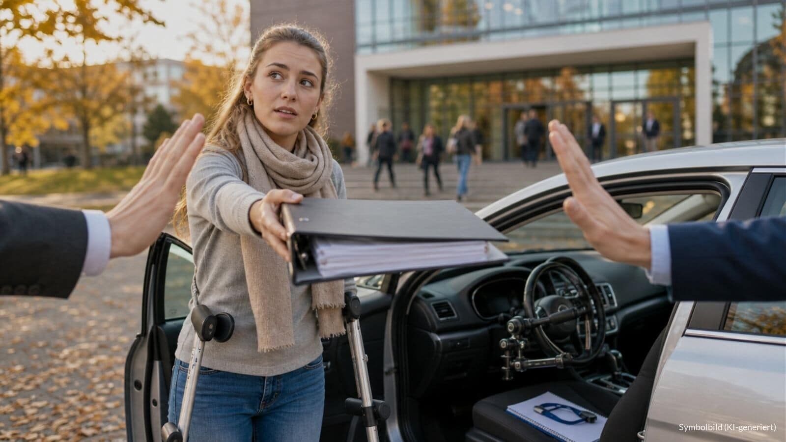 Studentin mit Gehstützen reicht neben einem umgebauten Auto einen Antragsordner, den zwei Hände hin- und herschieben, vor einem Hochschulgebäude