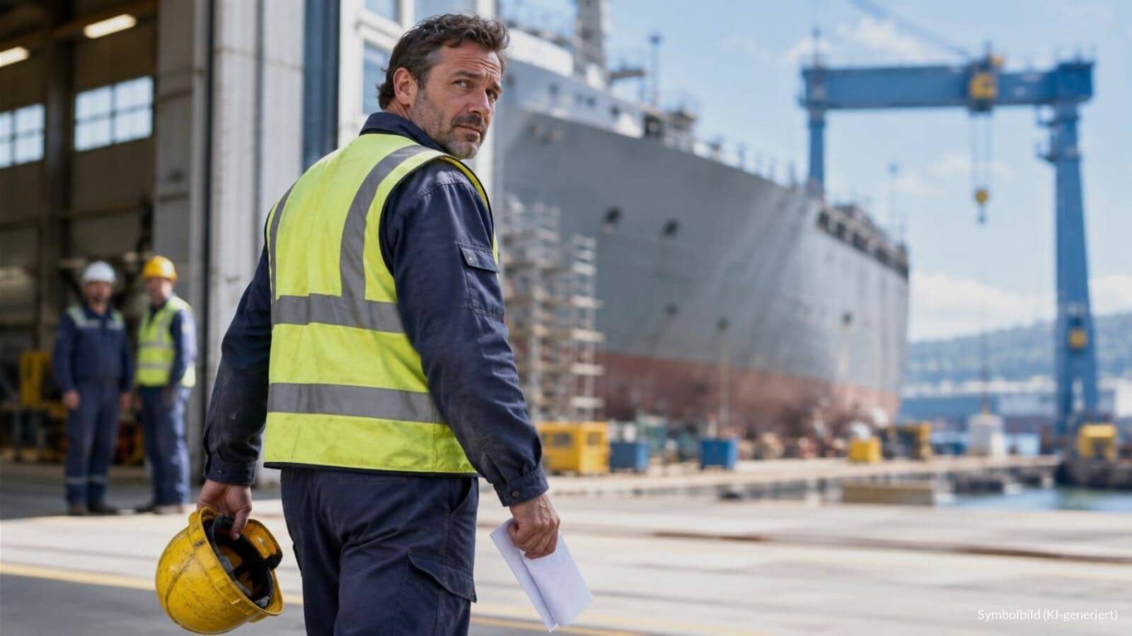 Werftarbeiter mit abgenommenem Schutzhelm und einem Schreiben in der Hand verlässt eine Werfthalle und blickt zurück, im Hintergrund ein Schiffsrumpf und Kollegen.