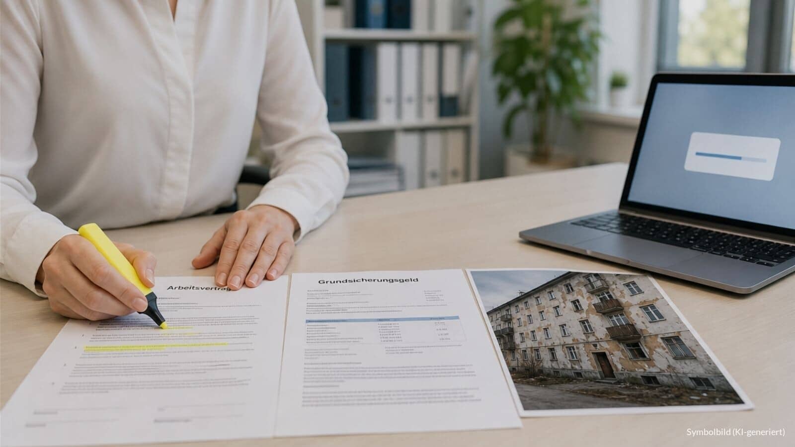 Sachbearbeiterin im Jobcenter prüft Arbeitsvertrag, Grundsicherungsbescheid und Foto eines maroden Wohnhauses