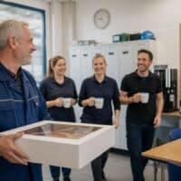 Ein Mann Mitte sechzig in Arbeitsjacke trägt an seinem letzten Arbeitstag eine Kuchenschachtel in den Pausenraum einer Maschinenbaufirma, auf der Kreidetafel steht „RENTE“.