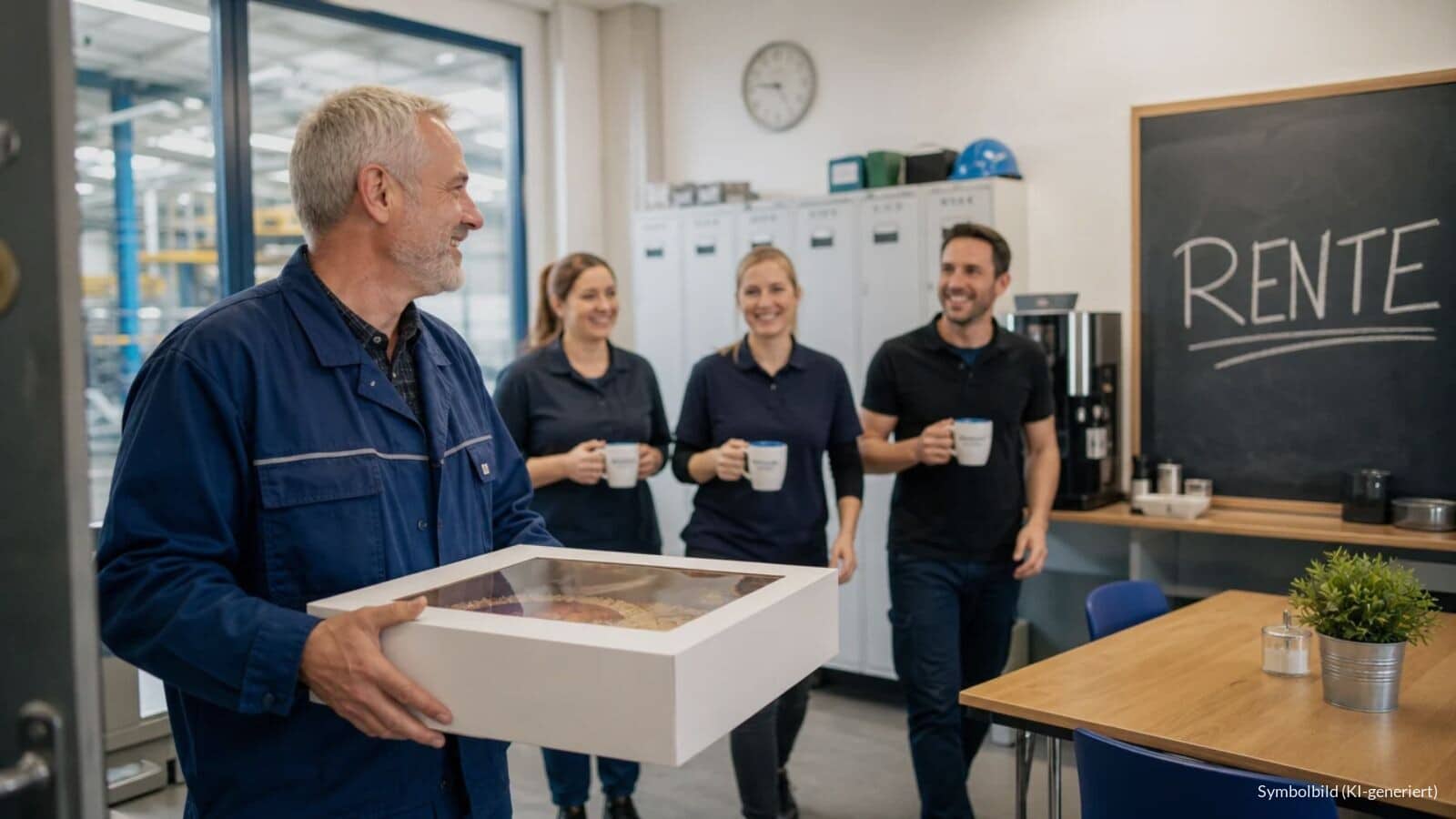 Ein Mann Mitte sechzig in Arbeitsjacke trägt an seinem letzten Arbeitstag eine Kuchenschachtel in den Pausenraum einer Maschinenbaufirma, auf der Kreidetafel steht „RENTE“.