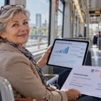 Rentnerin in einer Straßenbahn prüft auf einem Tablet ihre Rentenberechnung, auf dem Rentenbescheid klebt ein Zettel mit der Aufschrift NETTO