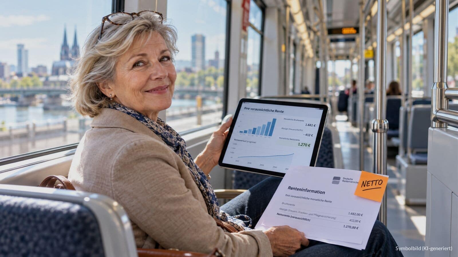 Rentnerin in einer Straßenbahn prüft auf einem Tablet ihre Rentenberechnung, auf dem Rentenbescheid klebt ein Zettel mit der Aufschrift NETTO
