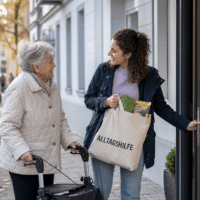 Ältere Frau mit Rollator kommt mit einer Alltagshelferin vom Einkaufen zurück, die Helferin trägt eine Stofftasche mit der Aufschrift Alltagshilfe.