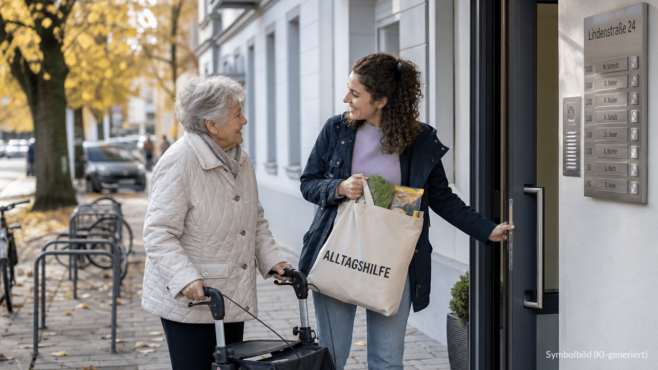 Ältere Frau mit Rollator kommt mit einer Alltagshelferin vom Einkaufen zurück, die Helferin trägt eine Stofftasche mit der Aufschrift Alltagshilfe.