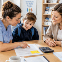 Alleinerziehende Mutter und ihr Sohn sprechen in einer hellen Familienberatungsstelle mit einer Beraterin über einen Bescheid zum Kinderzuschlag, auf dem ein gelber Haftzettel mit dem Wort PRÜFEN klebt.