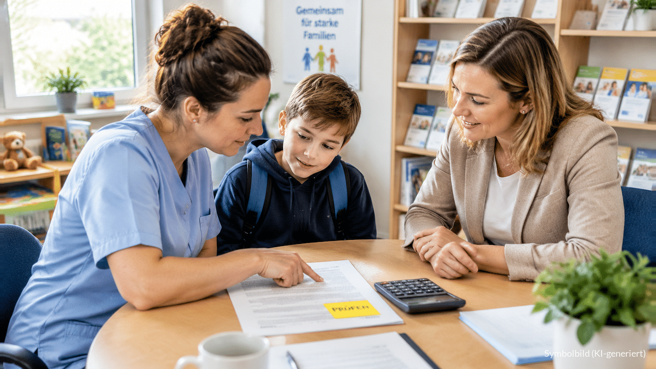 Alleinerziehende Mutter und ihr Sohn sprechen in einer hellen Familienberatungsstelle mit einer Beraterin über einen Bescheid zum Kinderzuschlag, auf dem ein gelber Haftzettel mit dem Wort PRÜFEN klebt.
