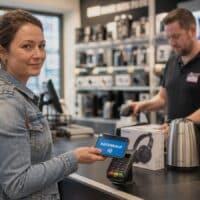 Frau bezahlt an der Kasse eines Elektronikmarkts per Smartphone in Raten, auf dem Display steht „RATENKAUF“.
