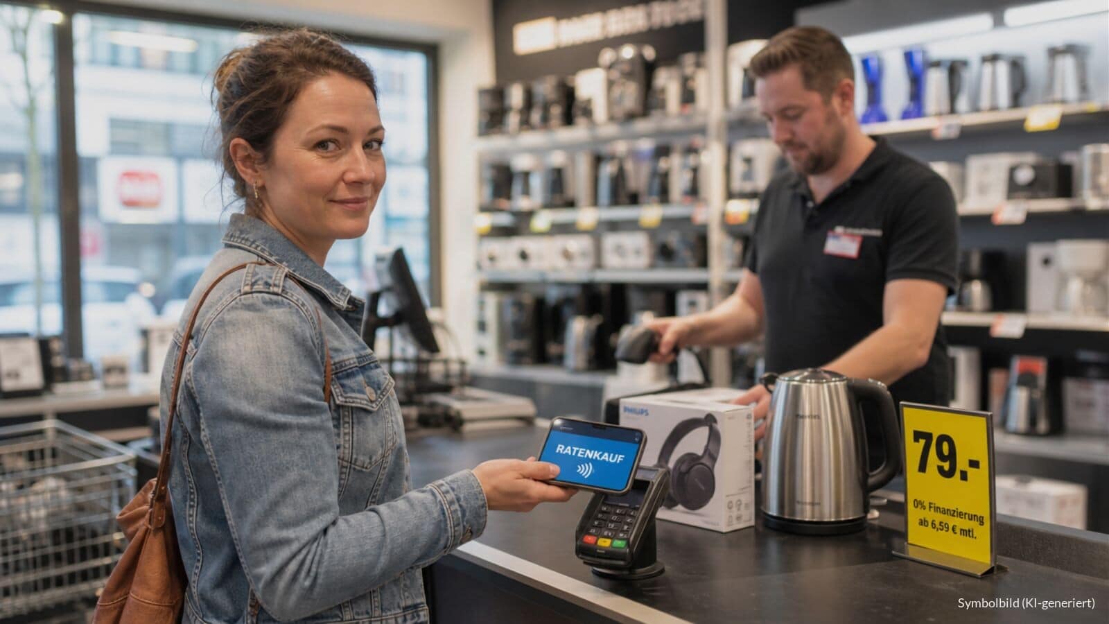 Frau bezahlt an der Kasse eines Elektronikmarkts per Smartphone in Raten, auf dem Display steht „RATENKAUF“.