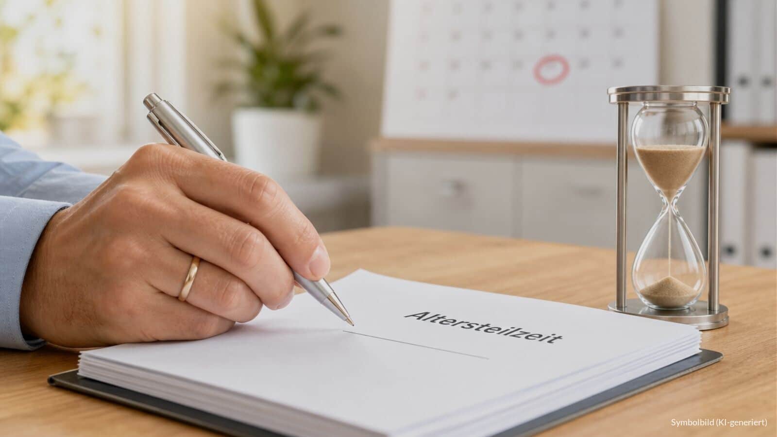 Hand mit Kugelschreiber kurz vor der Unterschrift unter einem Altersteilzeit-Vertrag, daneben eine Sanduhr, im Hintergrund ein Kalender mit rot markiertem Datum