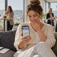Arbeitnehmerin prüft auf dem Smartphone ihre Urlaubstage, im Hintergrund ein Zeiterfassungsterminal im Büro