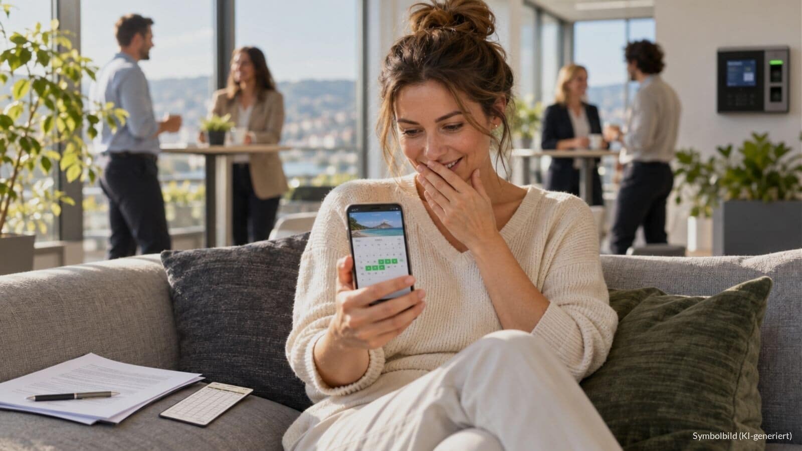 Arbeitnehmerin prüft auf dem Smartphone ihre Urlaubstage, im Hintergrund ein Zeiterfassungsterminal im Büro