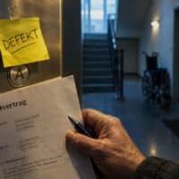 Gelber Haftzettel mit der Aufschrift DEFEKT auf dem Bedienfeld eines Aufzugs, daneben ein Mietvertrag und eine Hand mit Stift