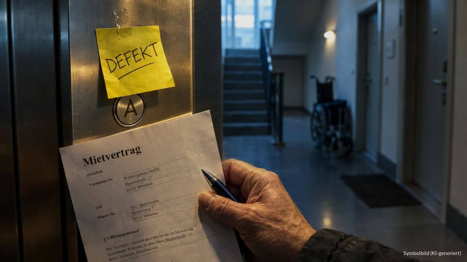 Gelber Haftzettel mit der Aufschrift DEFEKT auf dem Bedienfeld eines Aufzugs, daneben ein Mietvertrag und eine Hand mit Stift