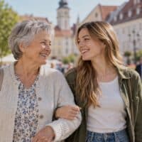 Ältere Frau aus der Babyboomer-Generation spaziert lächelnd mit ihrer Enkelin über einen sonnigen Marktplatz einer ostdeutschen Kleinstadt.
