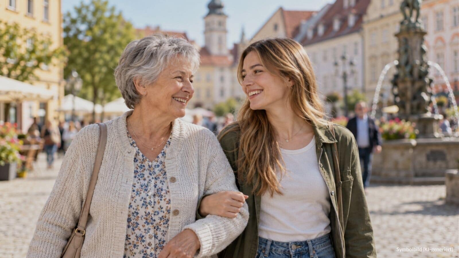 Ältere Frau aus der Babyboomer-Generation spaziert lächelnd mit ihrer Enkelin über einen sonnigen Marktplatz einer ostdeutschen Kleinstadt.