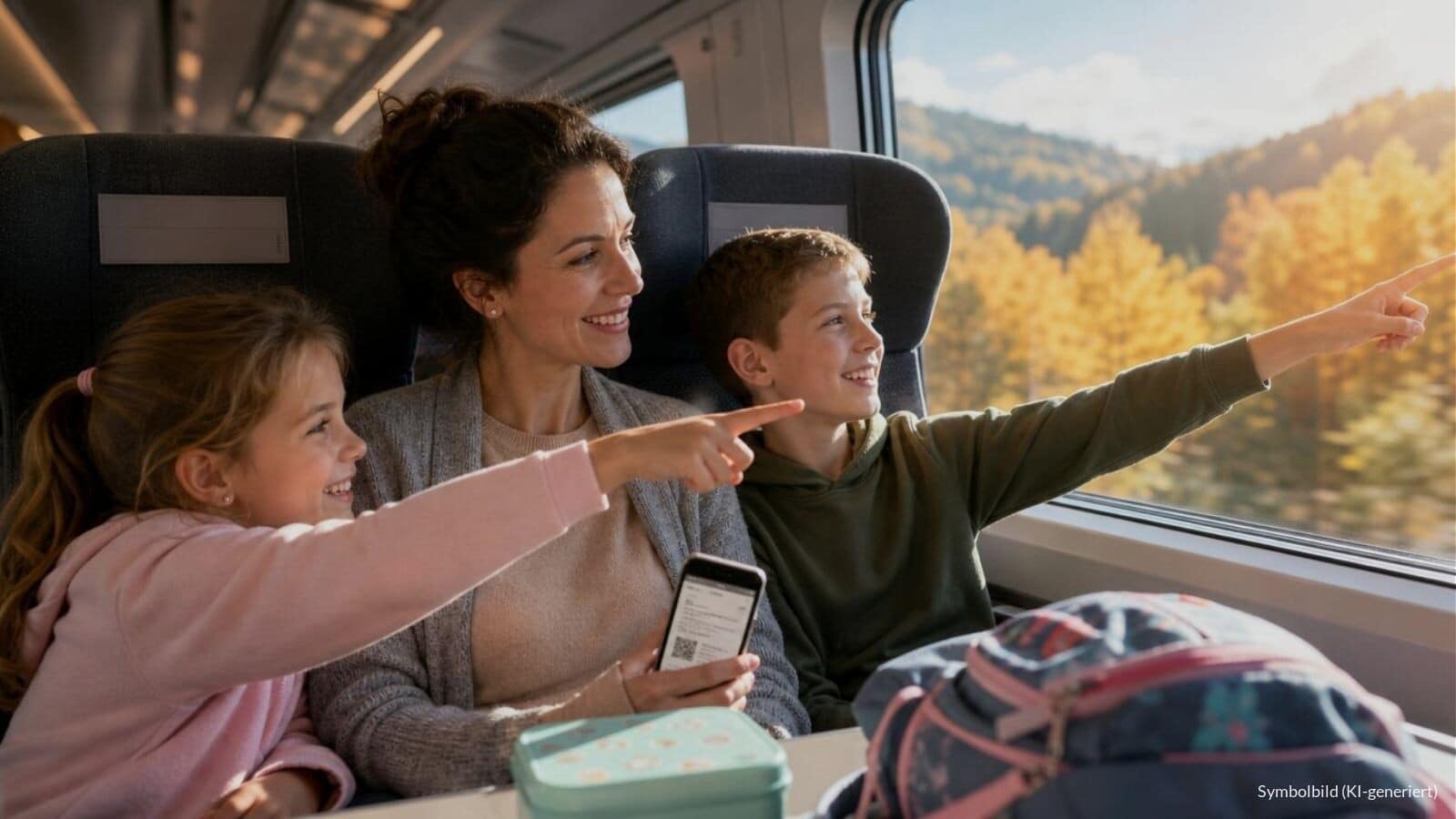 Mutter mit zwei Kindern im ICE am Fensterplatz, die Kinder zeigen fröhlich auf die herbstliche Landschaft draußen