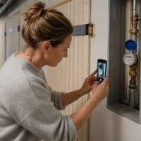 Mieterin fotografiert im Keller eines Mehrfamilienhauses den Wasserzähler, um ihre Nebenkostenabrechnung zu prüfen