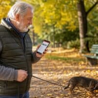 Älterer Witwer geht mit seinem Hund durch einen Park und blickt auf sein Smartphone, Symbolbild zur betrieblichen Witwenrente nach dem BAG-Urteil