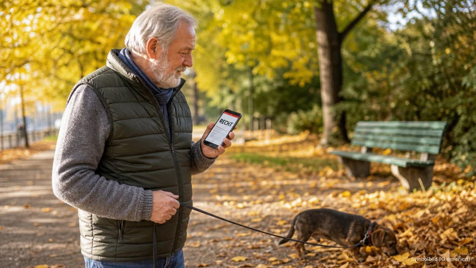 Älterer Witwer geht mit seinem Hund durch einen Park und blickt auf sein Smartphone, Symbolbild zur betrieblichen Witwenrente nach dem BAG-Urteil