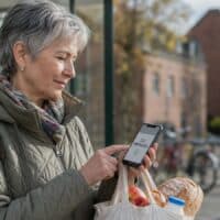 Ältere Frau an einer Bushaltestelle hält ein Smartphone mit der Nachricht „ERSTATTET“, in der anderen Hand eine Einkaufstasche mit Lebensmitteln