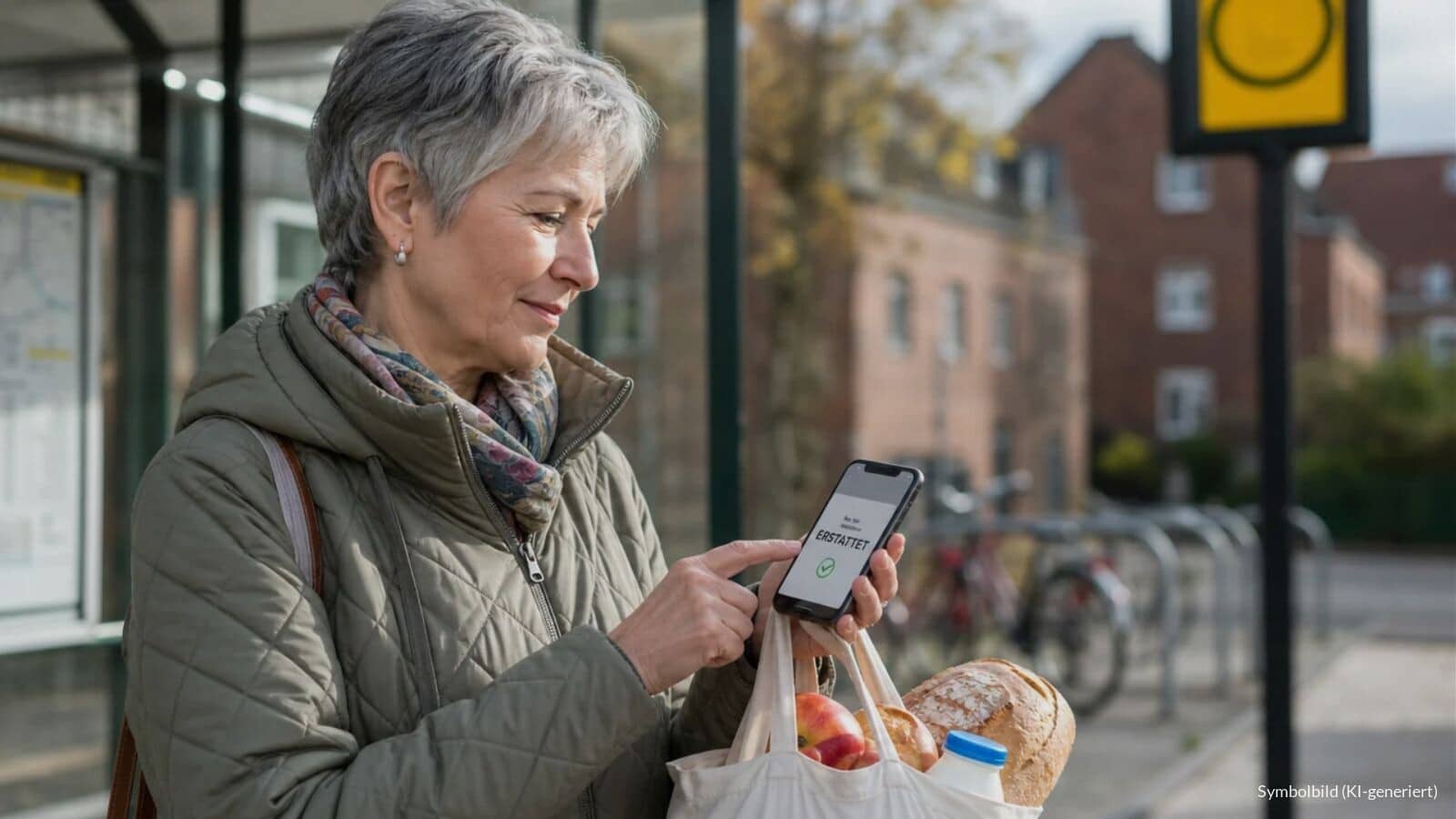 Ältere Frau an einer Bushaltestelle hält ein Smartphone mit der Nachricht „ERSTATTET“, in der anderen Hand eine Einkaufstasche mit Lebensmitteln