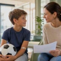 Junge mit Pflaster in der Armbeuge und Fußball sitzt mit seiner Mutter, die einen Arztbericht hält, im hellen Wartebereich eines Gerinnungszentrums.
