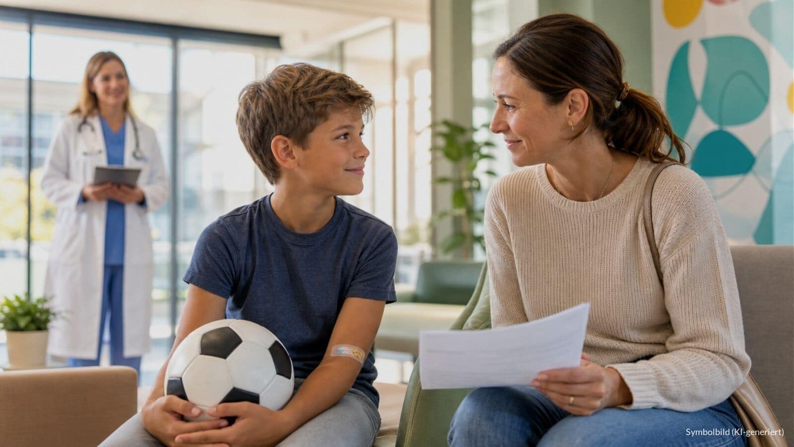 Junge mit Pflaster in der Armbeuge und Fußball sitzt mit seiner Mutter, die einen Arztbericht hält, im hellen Wartebereich eines Gerinnungszentrums.
