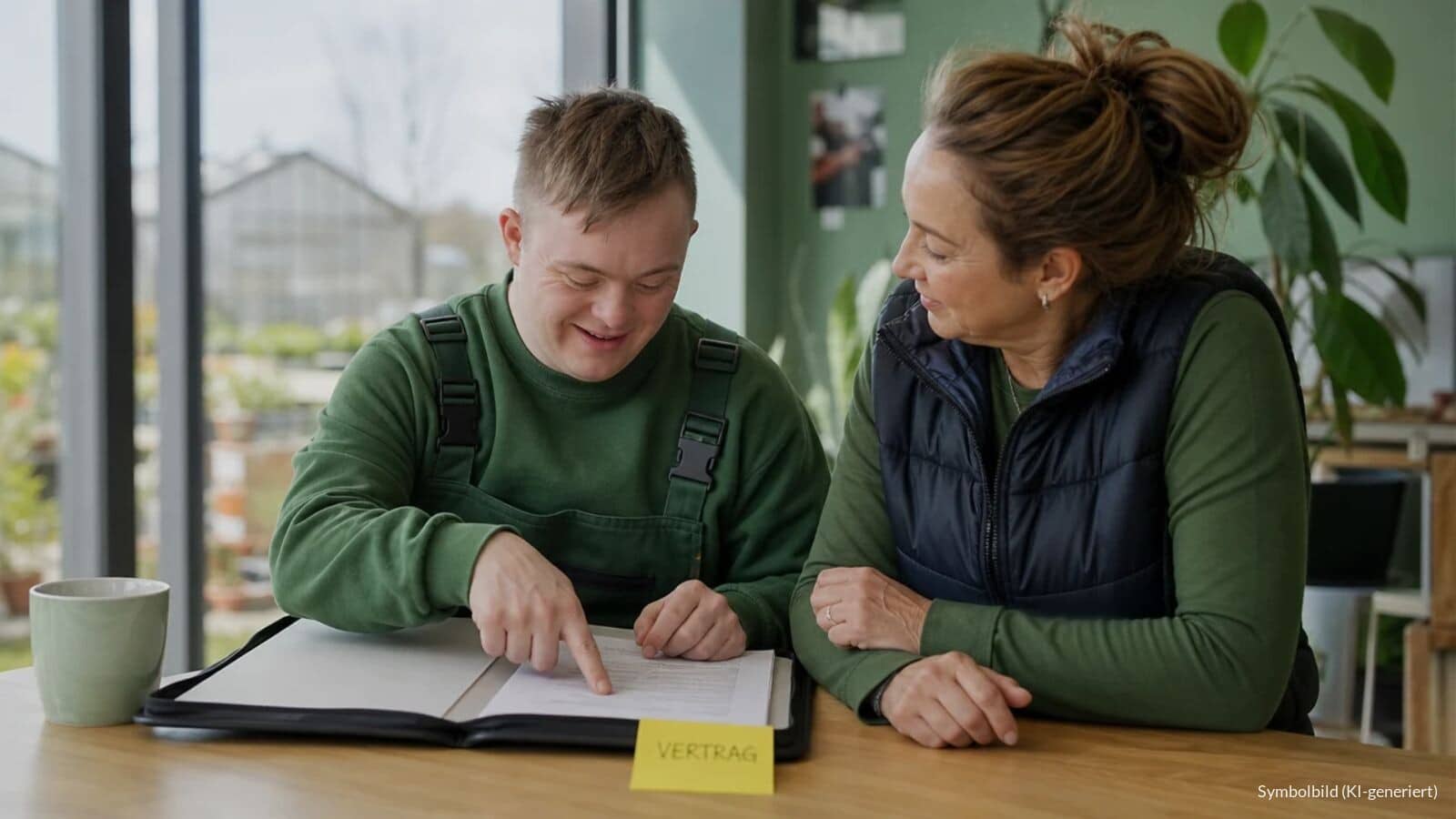 Junger Mann mit Trisomie 21 bespricht mit seiner Jobcoachin einen Arbeitsvertrag im Aufenthaltsraum eines Gartenbaubetriebs, auf der Mappe klebt ein Zettel mit dem Wort „VERTRAG“.
